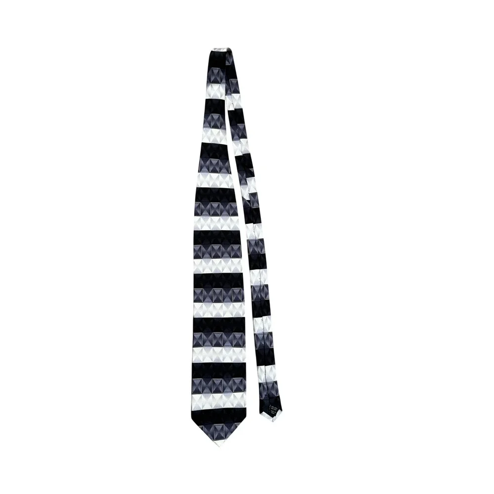 Mosaic Mens Silk Necktie Black White Grey Geometric 3D Pyramid Stripe Handmade